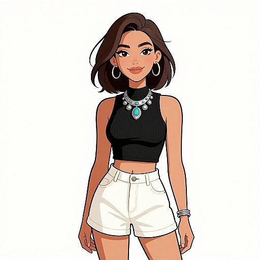 Digital illustration of a smiling woman with dark brown hair, wearing a black sleeveless top, white high-waisted shorts, hoop earrings, and a