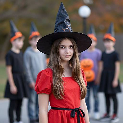 Photograph of a young girl in a red dress and black witch hat, standing in front of five blurred children in Halloween costumes, outdoors.