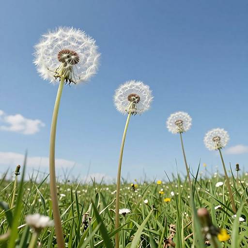 Photograph of three white dandelions with fluffy seed heads towering over a green, grassy field dotted with small flowers, under a clear blue sky