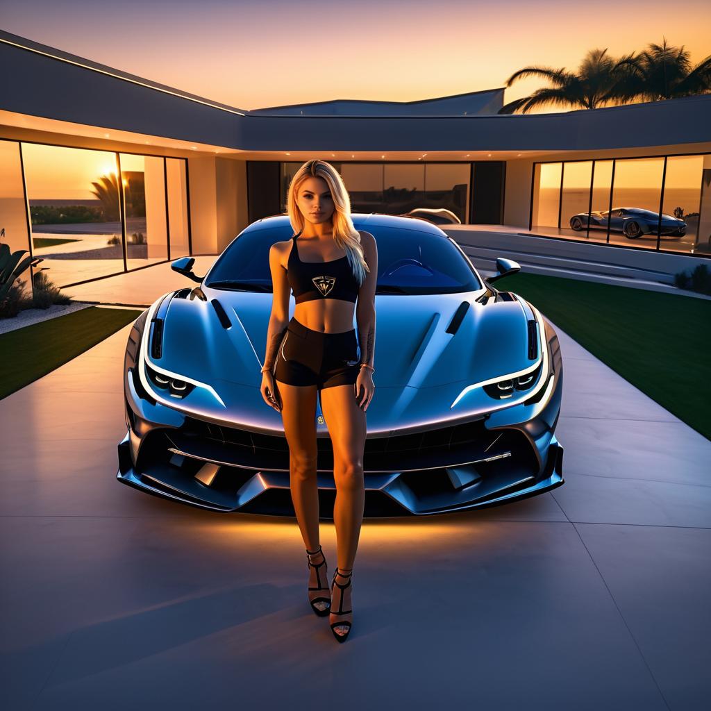 Glamorous Blonde with Ferrari at Sunset