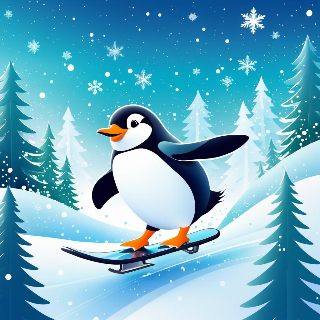 Joyful Penguin Sliding in Winter Wonderland