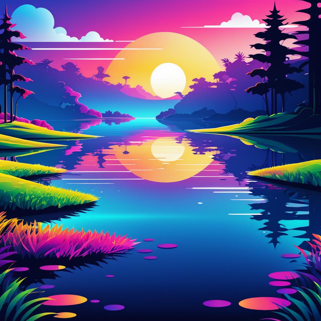 Surreal Vibrant Lake Landscape Vector Art