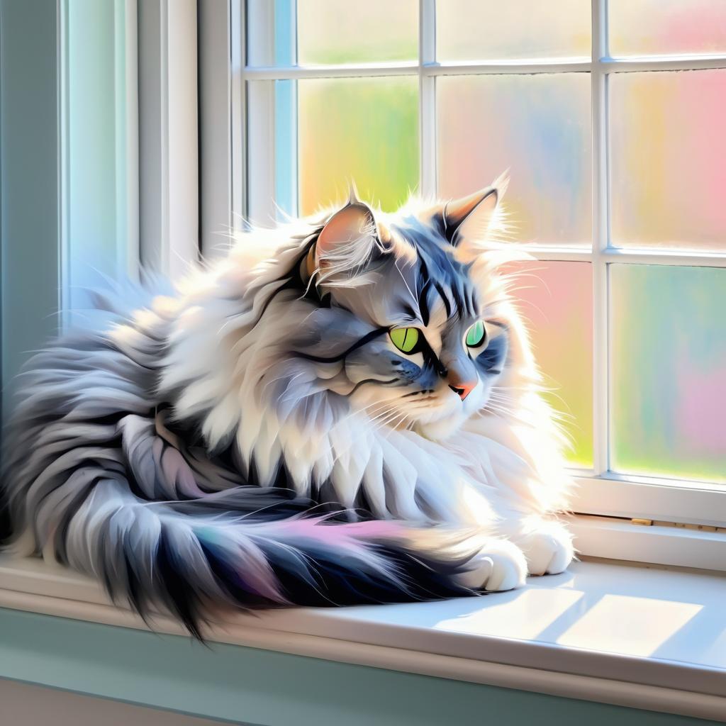 Fluffy Cat on a Pastel Windowsill