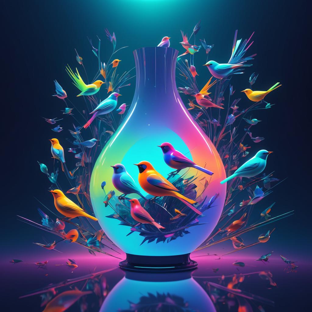 Colorful Birds in a Retro Futuristic Vase