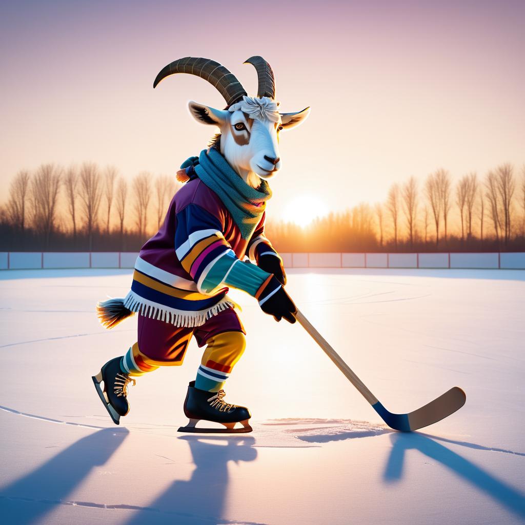 Goat in Scarf Playing Ice Hockey at Sunset