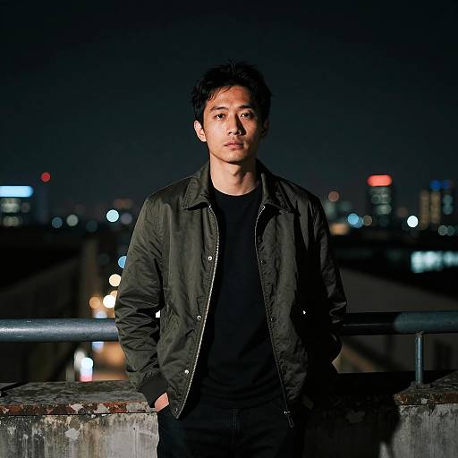 Man Standing on Urban Balcony at Night