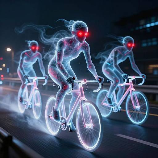 Neon digital artwork of glowing, red-eyed, blue-lit cyclists riding at night, with blurred urban background and illuminated streetlights.