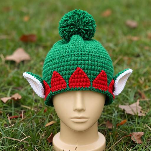 Green Crocheted Elf Hat with Pom-Pom