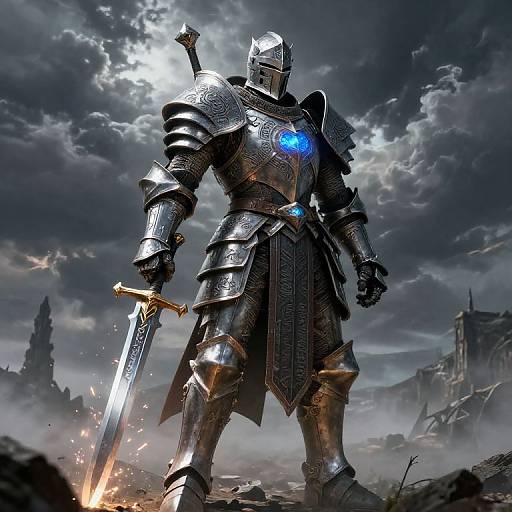 Digital art of a towering, armored knight with glowing blue eyes, standing on rubble under a stormy sky, wielding a sword emitting sparks.