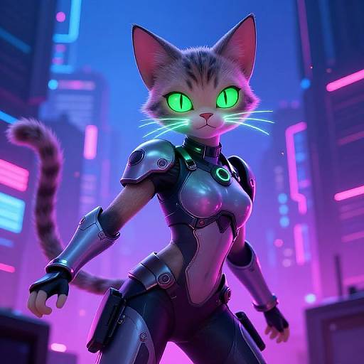 Digital CGI of a glowing green-eyed, anthropomorphic cat-woman in futuristic armor, standing in a neon-lit cyberpunk cityscape.