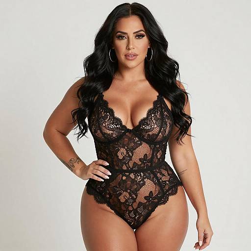 Photograph of a curvy woman with long black hair, wearing a revealing black lace bodysuit, standing confidently against a white background.
