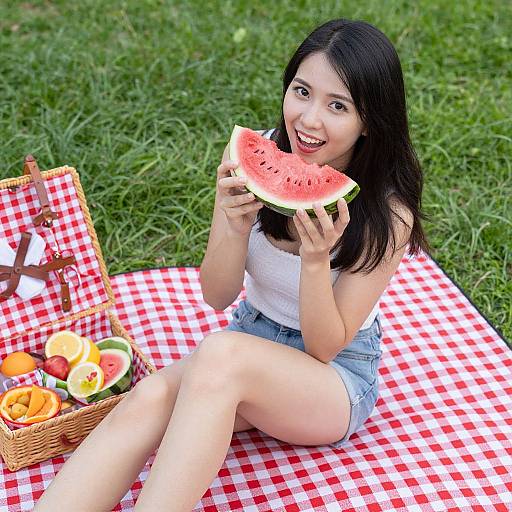 Asian woman with long black hair, smiling, eating watermelon slice, wearing white top and denim shorts, on red checkered picnic blanket.