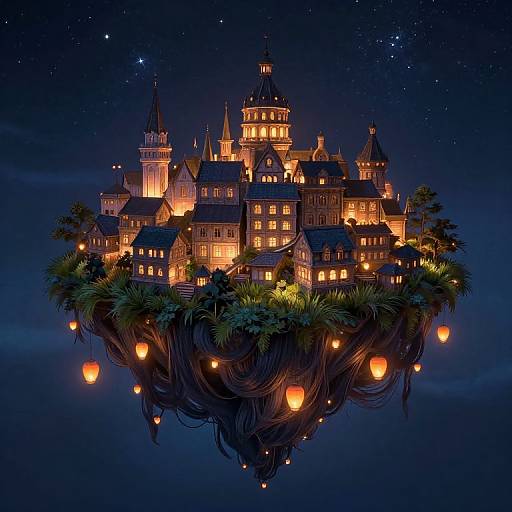 Enchanting, glowing floating castle with warm lights, surrounded by lush greenery and lanterns, under a starry night sky. Digital artwork.