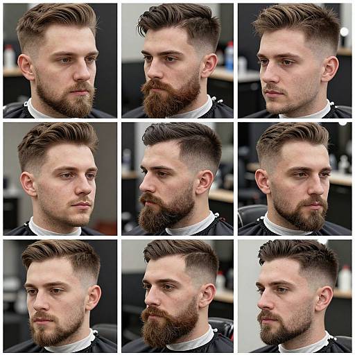 Photographic collage of a bearded, light-skinned man with dark brown hair, showing different stages of a modern undercut hairstyle.