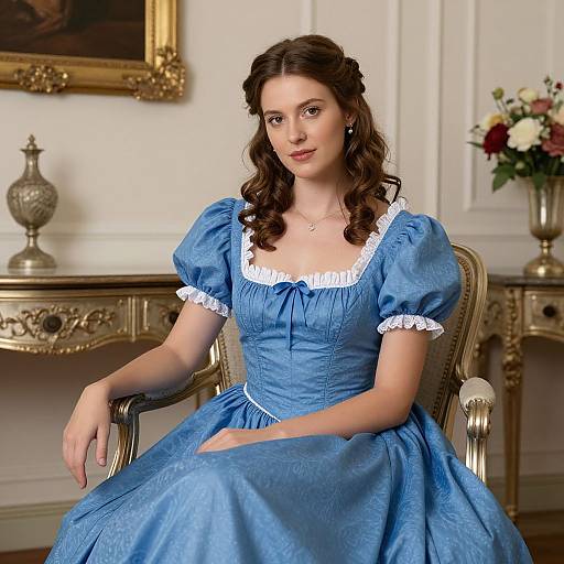 Photograph of a fair-skinned, brunette woman with wavy hair, wearing a blue, puffed-sleeve, Victorian-style dress with white