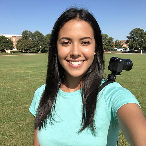 Photograph of a smiling young woman with long black hair, wearing a light blue shirt, holding a camera on a tripod, standing on a sunny grass
