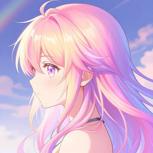 Digital anime-style portrait of a pink-haired girl with long, flowing hair, purple eyes, and a black choker, set against a bright blue sky