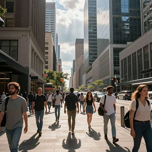 Photograph of a busy city street with diverse pedestrians walking under bright sunlight, flanked by tall modern skyscrapers and smaller buildings.