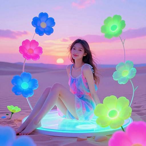 Photograph of a young woman with long brown hair, wearing a colorful dress, sitting in a glowing flower-shaped light circle in a desert at sunset,