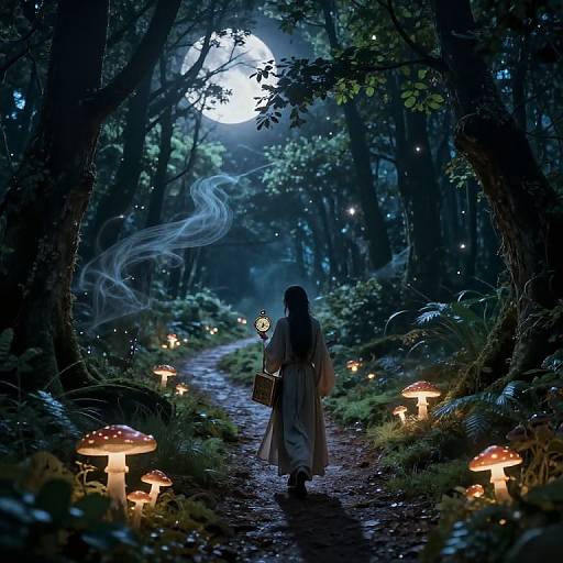 Fantastical forest path at night, illuminated by glowing mushrooms, moonlight, and fireflies. Silhouetted woman in long robe holds lantern