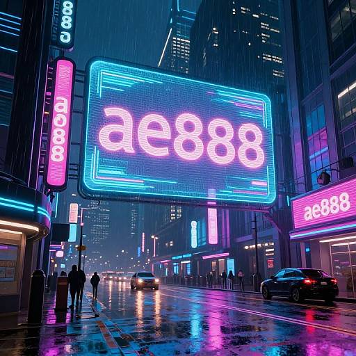 Neon-lit, rainy city street at night. Bright blue and pink electronic signs display 