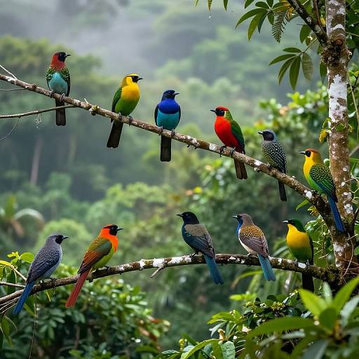 Photograph of vibrant, colorful birds (blue, yellow, red, green) perched on moss-covered branches in a lush, misty tropical forest