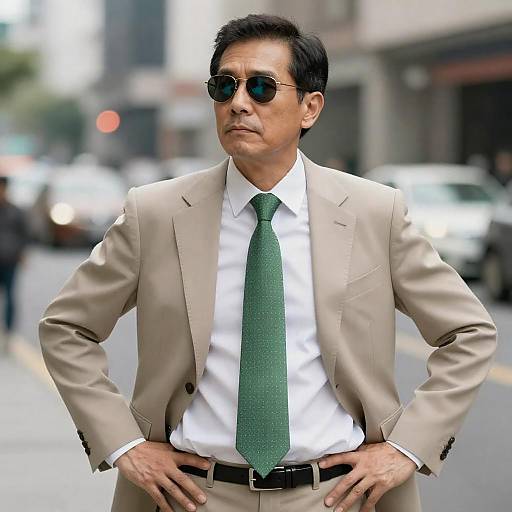 Middle-Aged Man in Beige Suit with Green Tie