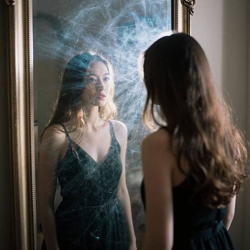 Photograph of a woman with long brown hair, wearing a black dress, standing in front of a mirror with a blue smoke-like effect surrounding her reflection