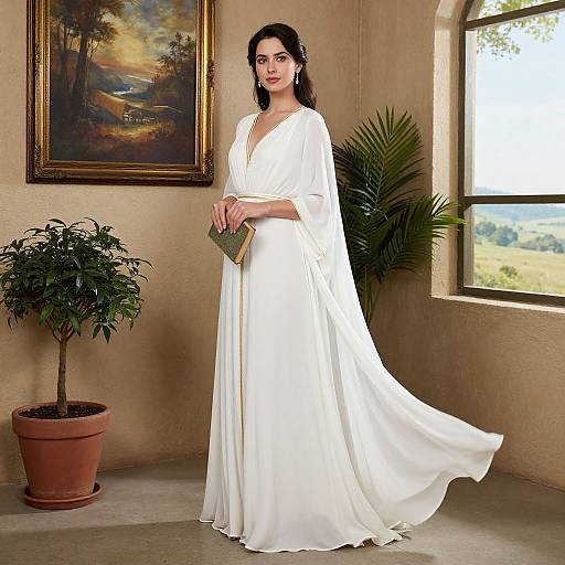 Photograph of a dark-haired woman in a long, flowing white dress standing in a sunlit room with a potted plant, painting, and window