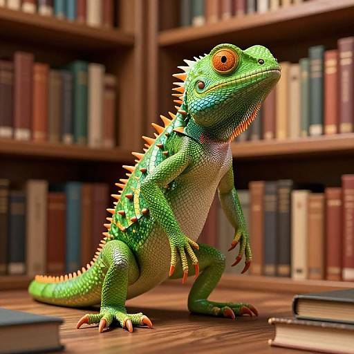CGI image of a vibrant green, spiked iguana with orange eyes standing on a wooden bookshelf filled with colorful books.