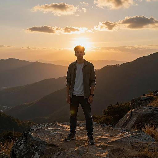 Young Man in Majestic Mountain Sunset