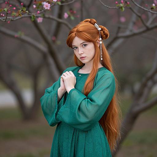 Red Hair Girl in Green Dress