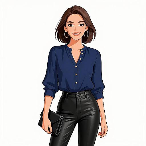 Chic Woman in Navy Blouse and Leather Pants