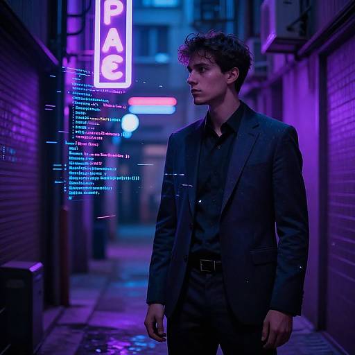 Neon-lit alleyway photograph: curly-haired man in dark suit, black shirt, stands under glowing 