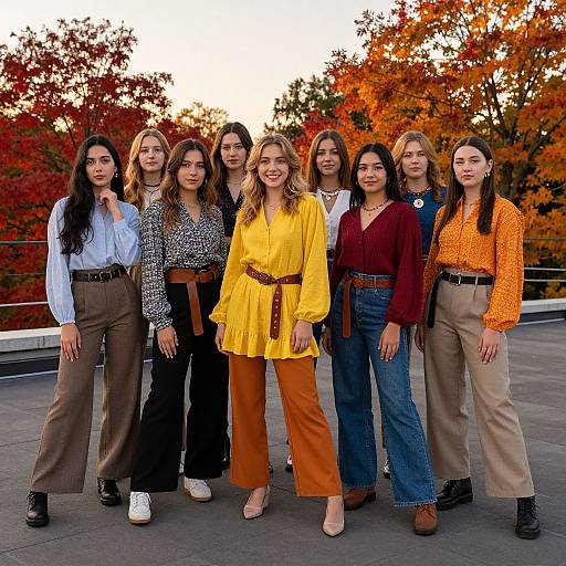 Photograph of nine young women with diverse ethnicities, wearing autumn-themed outfits, standing in a row on a rooftop with vibrant fall foliage in the background