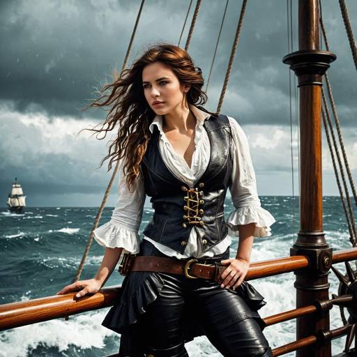 Pirate Woman on Ship Deck in Stormy Sea