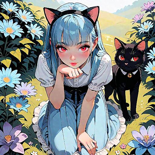 Joyful Girl Playing with Black Cat