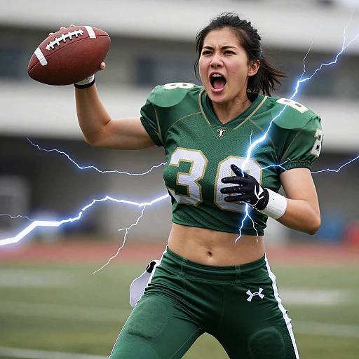 Photograph of a muscular, dark-haired female football player in green uniform, mid-celebration, holding a football with blue lightning bolts around her