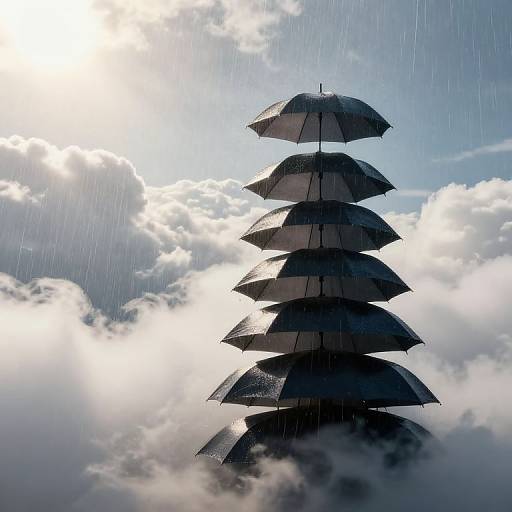 Pyramid of Stacked Umbrellas in Rain