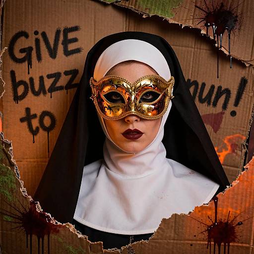 Photograph of a woman in a nun's habit wearing a reflective, gold masquerade mask with dark lipstick, 