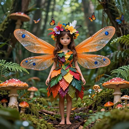Digital art of a fairy girl with orange wings, colorful leaf dress, flower crown, standing in a forest with mushrooms and butterflies.
