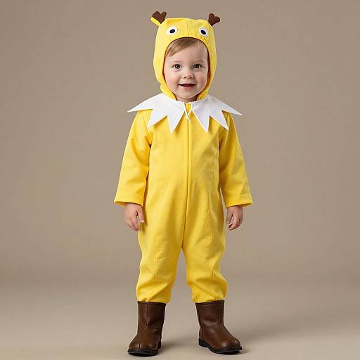 Photograph of a smiling toddler in a yellow Pikachu onesie with brown boots, white collar, and Pikachu ears, standing against a plain beige background.