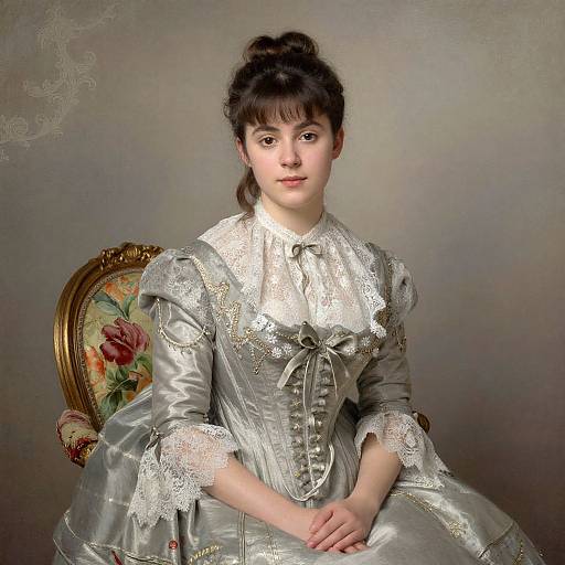 Photorealistic painting of a young woman with pale skin and dark hair in an 18th-century silver satin dress with lace, seated on a floral