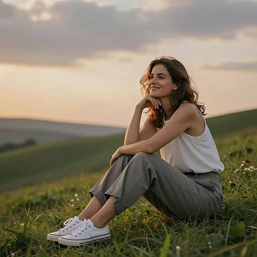 Smiling Woman on Grassy Hilltop at Sunset