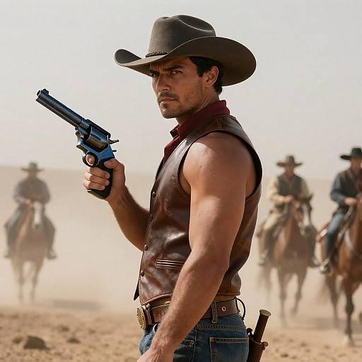 Muscular Cowboy with Revolver in Dust Storm