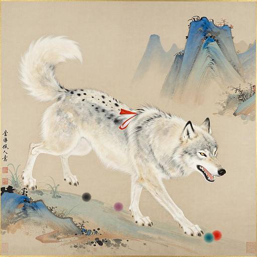 Traditional East Asian Painting of White Wolf Leaping
