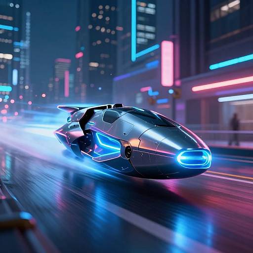 Photorealistic CGI of a sleek, futuristic, silver hovercar with neon blue lights speeding through a vibrant, neon-lit city street at night.