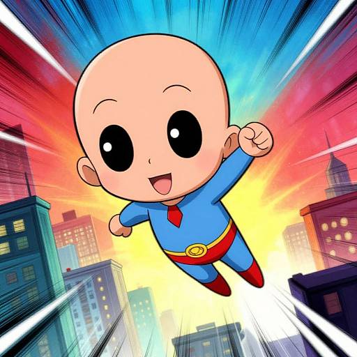 Colorful digital illustration of a bald, large-eyed baby superhero in blue and red suit, flying over a cityscape with vibrant, dynamic background.