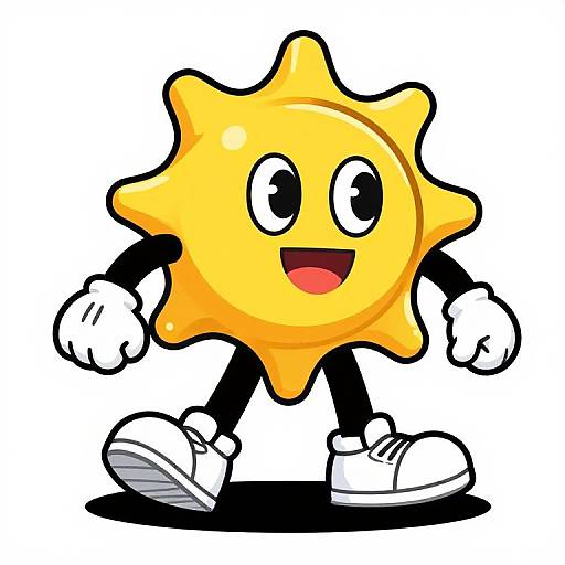 Cartoon yellow sun with six-pointed star shape, big black eyes, open red mouth, white gloves, black arms, and legs, wearing white
