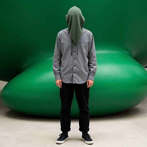 Man in Hoodie by Green Sculpture